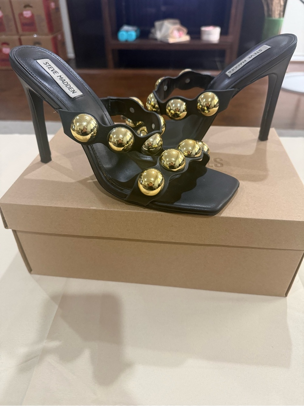 Steve Madden Black Stiletto Mules with Gold Orb Studs
